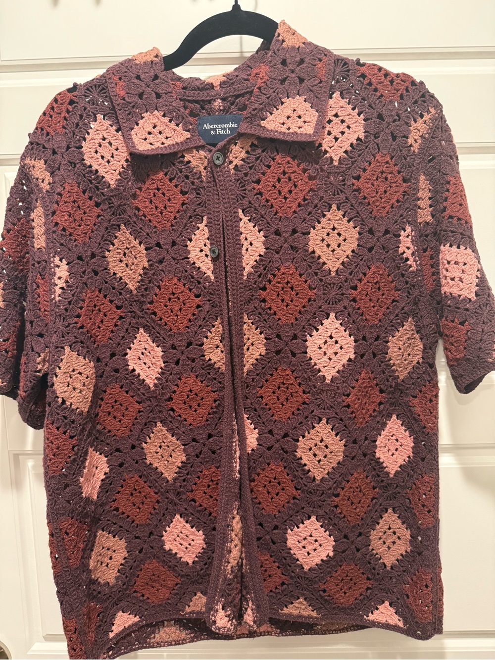 Abercrombie & Fitch Boho Crochet Granny Square Sweater Polo Button Down | Medium